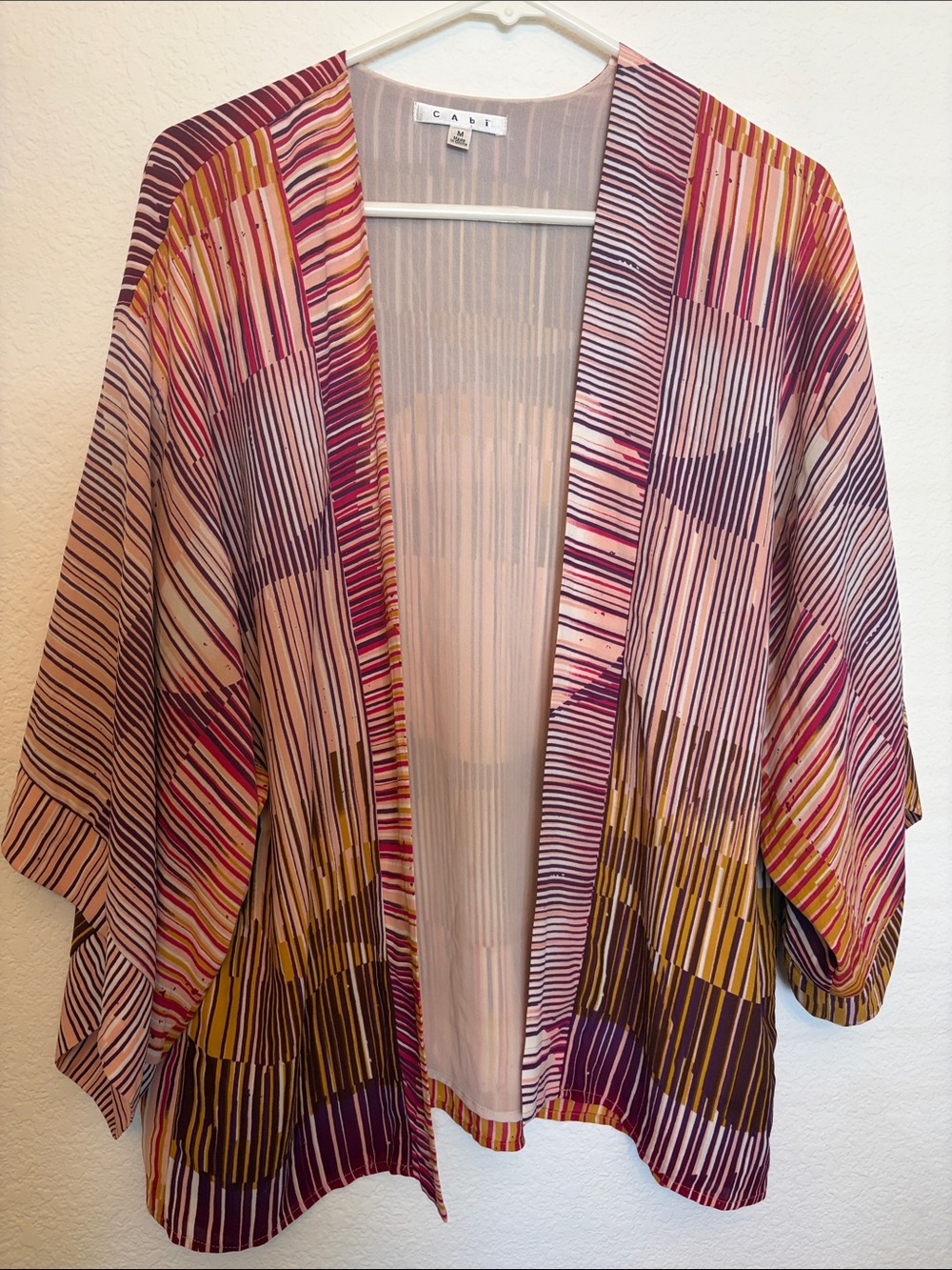 CAbi Open-Front Striped Kimono Jacket in Pink, Purple & Gold
